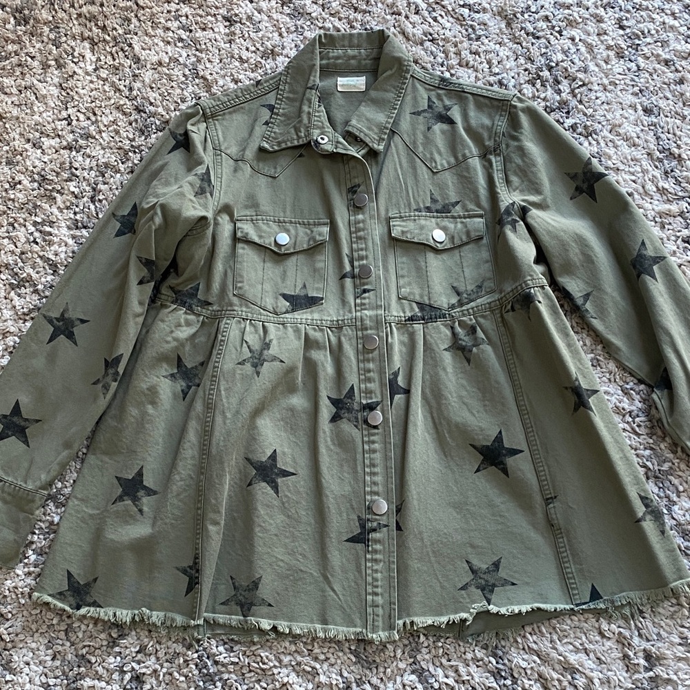 Olive Star-Patterned Jean Jacket - image 1